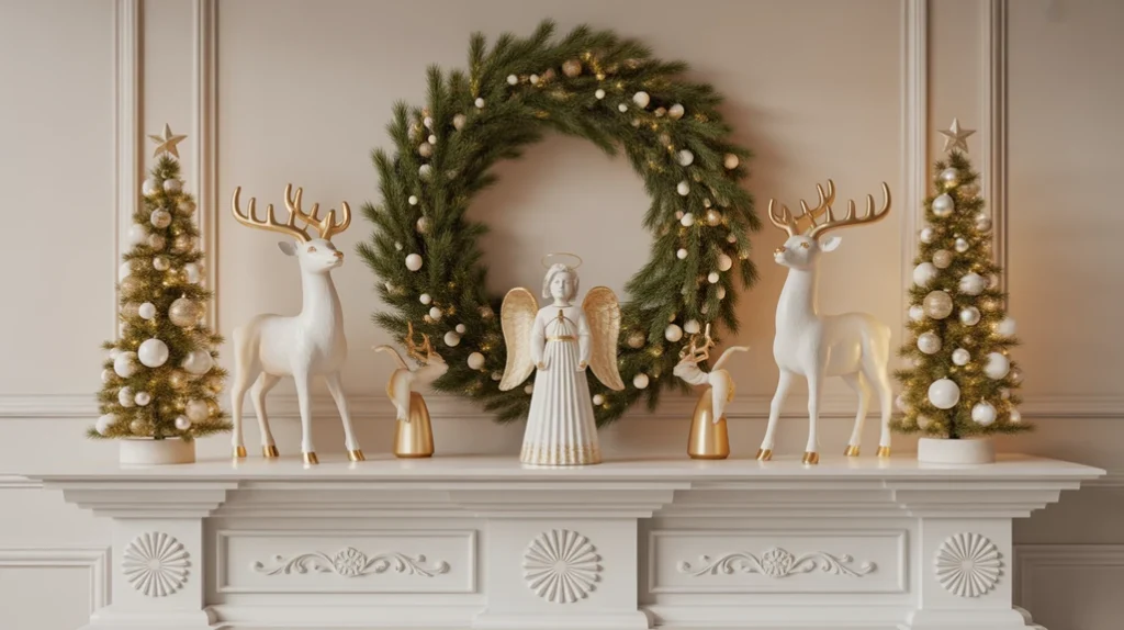 Golden reindeer and angel figurines styled as festive décor on shelves and mantels