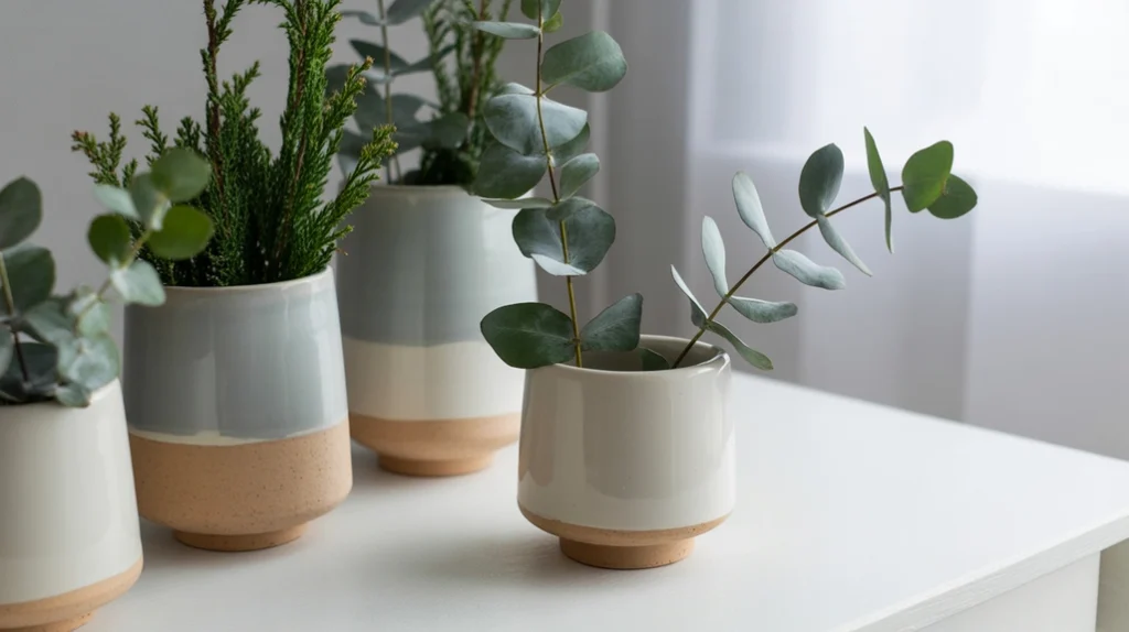 Eucalyptus and pine greenery in ceramic pots styled in Scandinavian Christmas bedroom