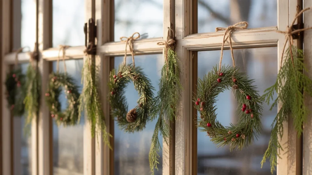 Bedroom windows decorated with cedar wreaths and natural greenery for cozy farmhouse holiday style