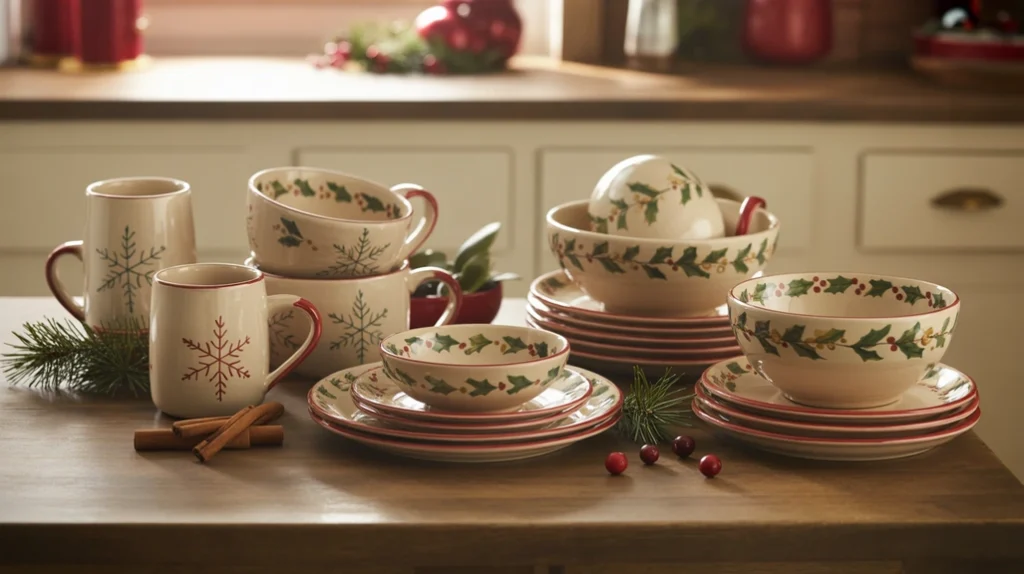 Christmas-themed mugs and plates displayed on counter bringing warmth and charm to holiday kitchen decor setup