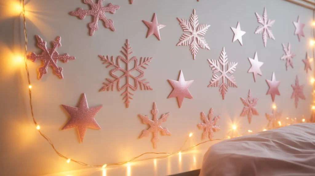 Pink snowflake wall decals and fairy lights for easy festive bedroom decorating