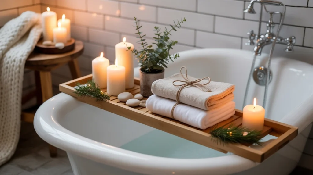 Relaxing Hygge winter bath setup with candles and greenery for a cozy Christmas bathroom retreat.