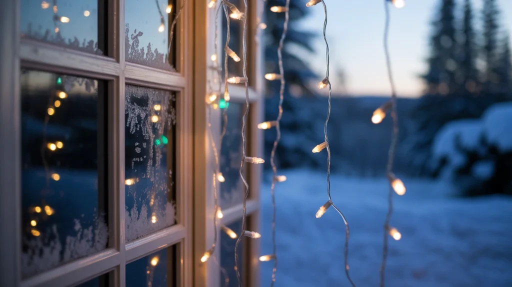 Icicle lights hanging from top of window glowing at night for snowy Christmas look.