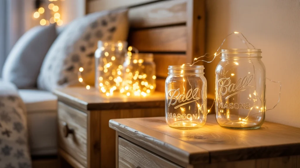 Mason jars filled with micro fairy lights adding handmade festive charm to bedroom