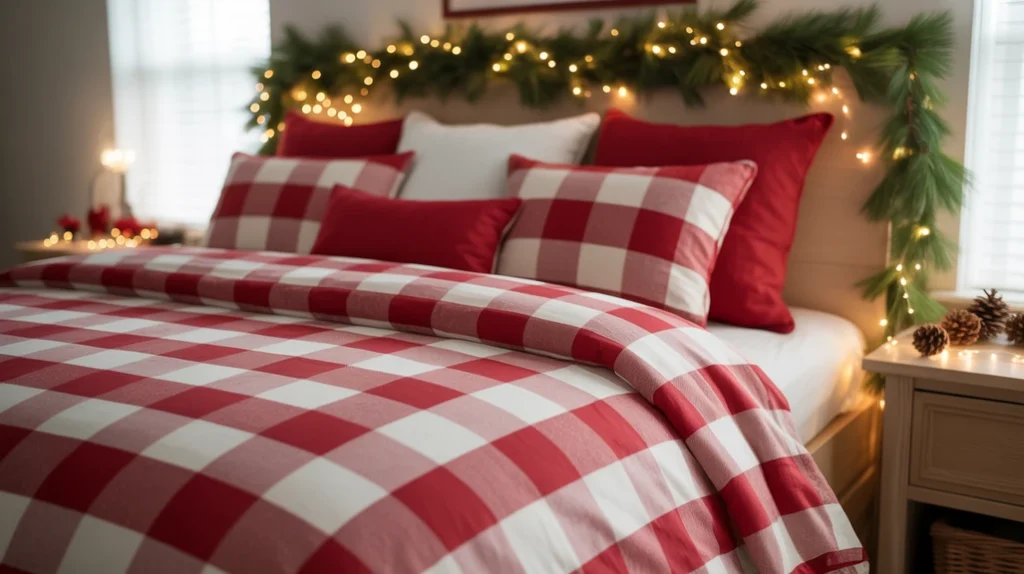 Matching bedding and plaid cushions for couples in a festive Christmas room