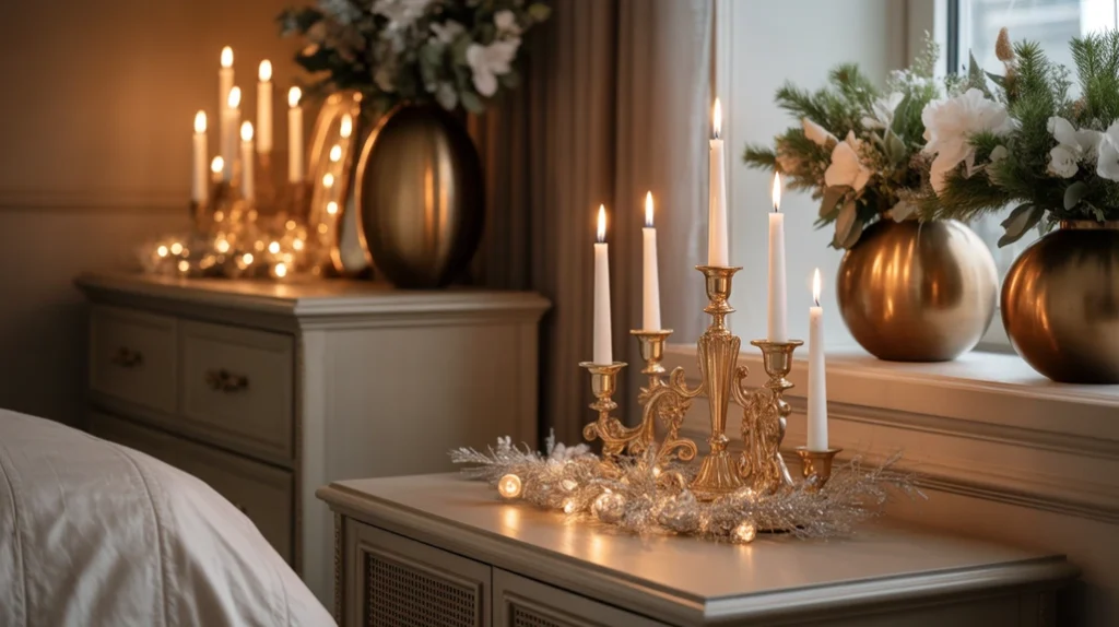 Metallic accents with gold candleholders and silver ornaments adding holiday glamour to bedroom