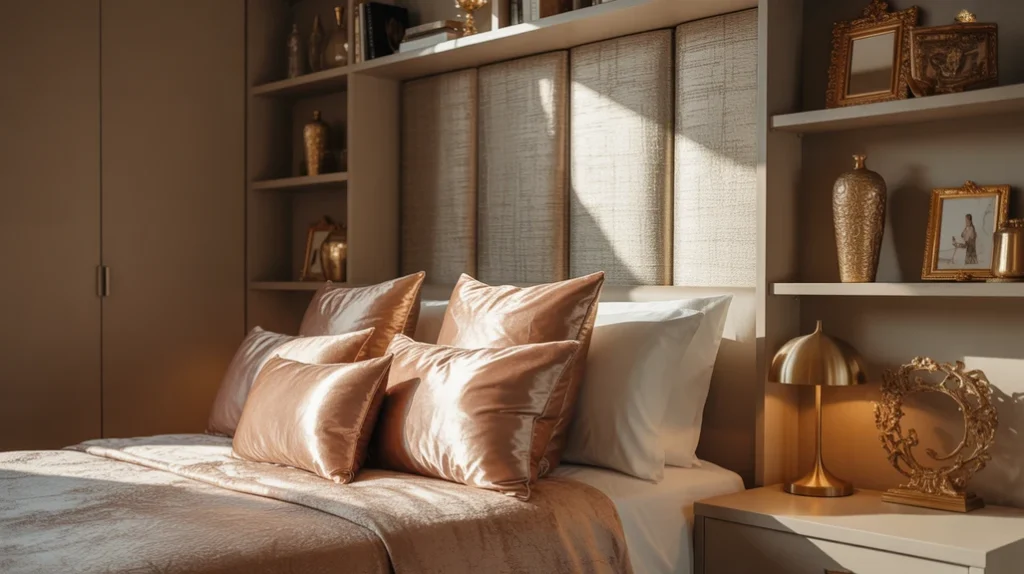 Metallic ornaments and cushions reflecting light in stylish small Christmas bedroom