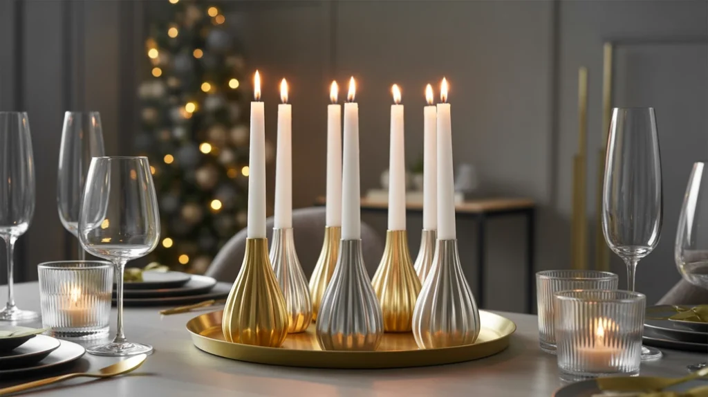 Metallic gold and silver candle holders creating elegant festive glow for Christmas table decoration.