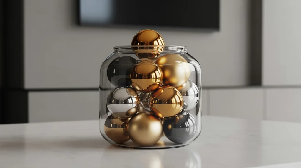 clear jar of metallic ornaments adding soft sparkle to a minimalist bathroom