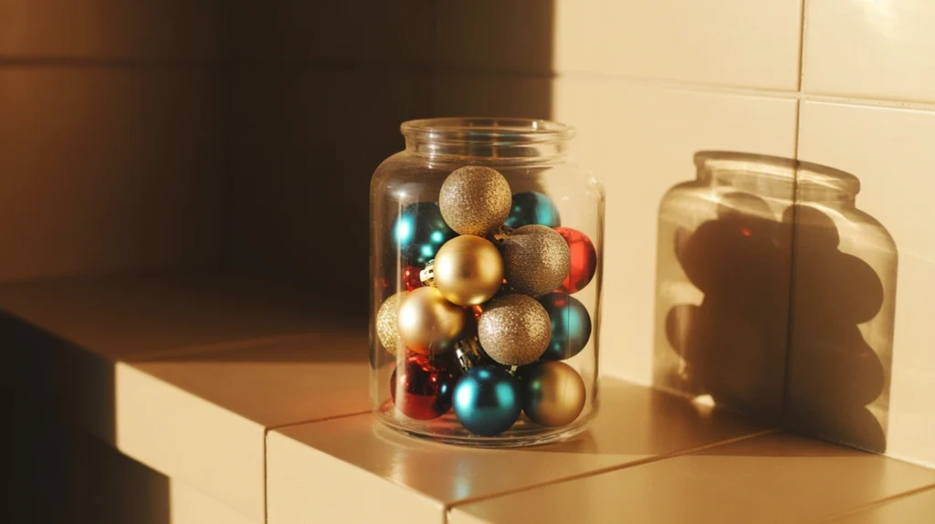 clear jar filled with mini ornaments creating sparkle in a small bathroom