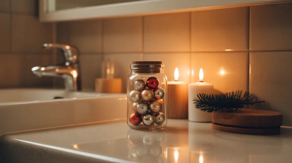 Clear jar filled with mini ornaments reflecting warm light in a cozy bathroom setting.
