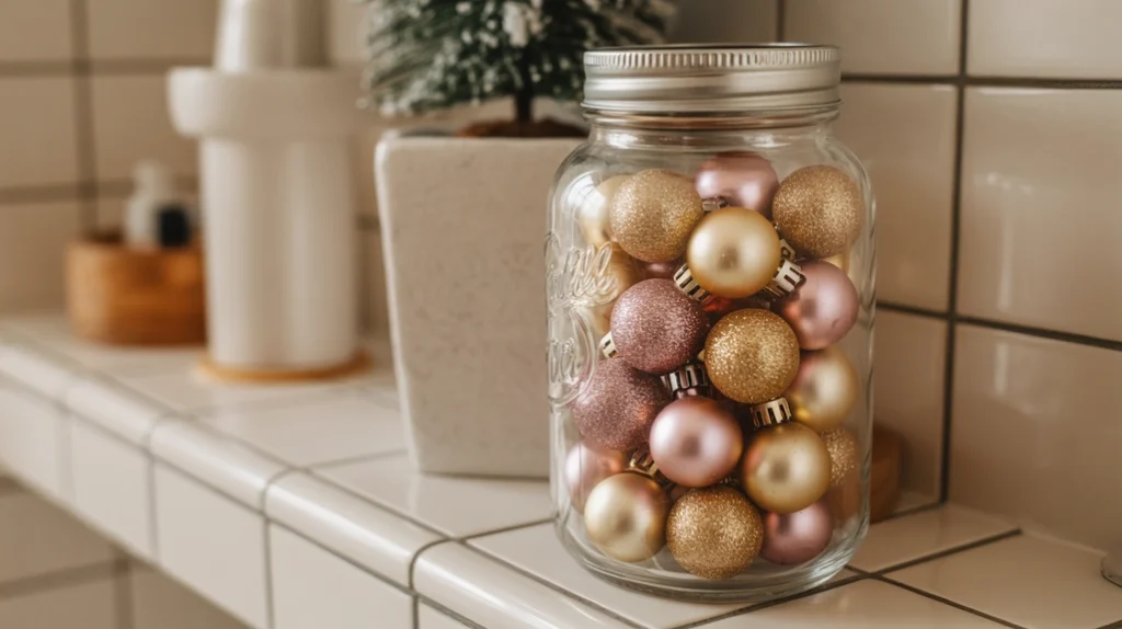 clear jar filled with mini christmas ornaments adding sparkle to a cozy bathroom shelf