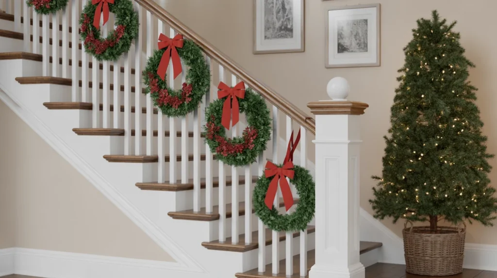 “Mini wreaths attached to banister posts for charming Christmas staircase decoration”