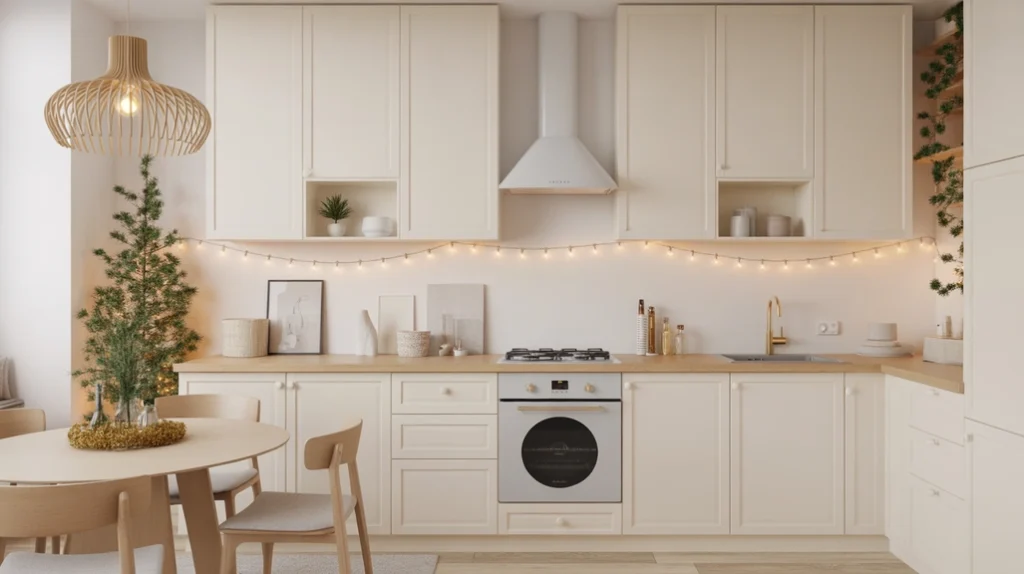 Modern minimalist kitchen with simple garland and soft lighting creating an elegant Christmas atmosphere
