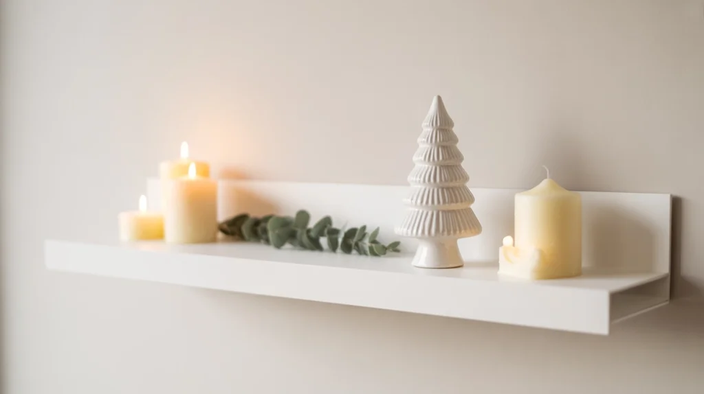 Minimal Christmas shelf decor ideas with a ceramic tree and candles in a Scandinavian bedroom