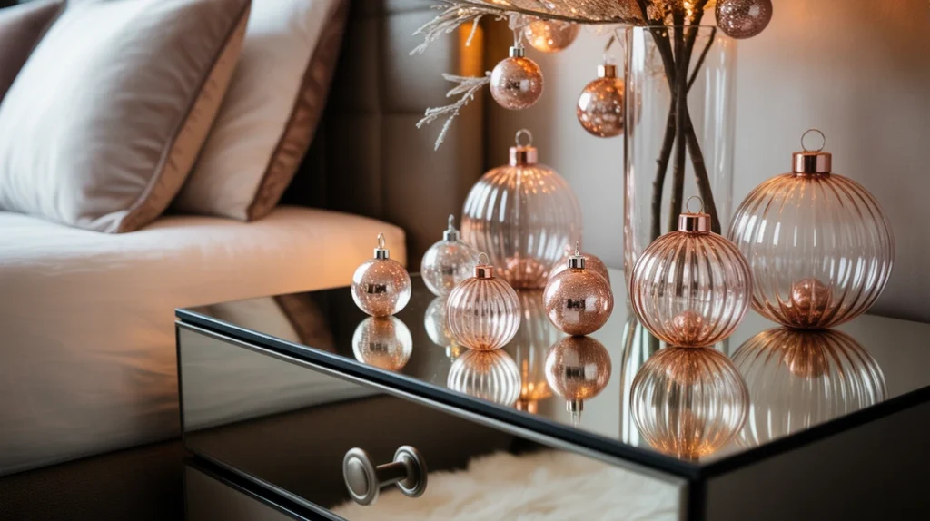 mirrored table and crystal ornaments reflecting soft festive glow in modern rose gold bedroom style