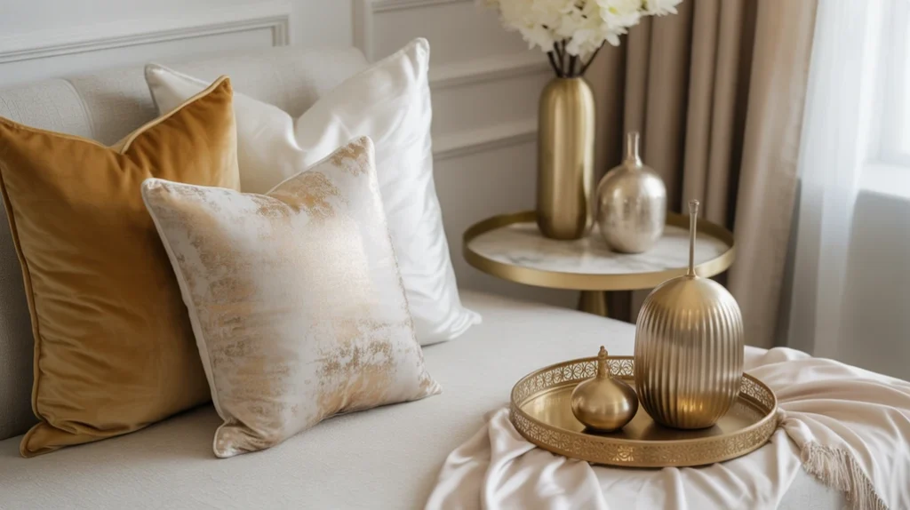Close-up of gold and white fabrics and metallic textures enhancing the cozy Christmas bedroom design.