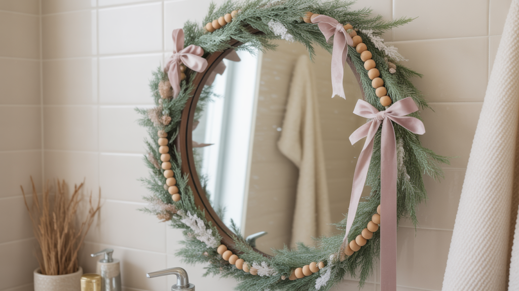 bathroom mirror decorated with layered Christmas textures like ribbon, beads, and frosted greenery