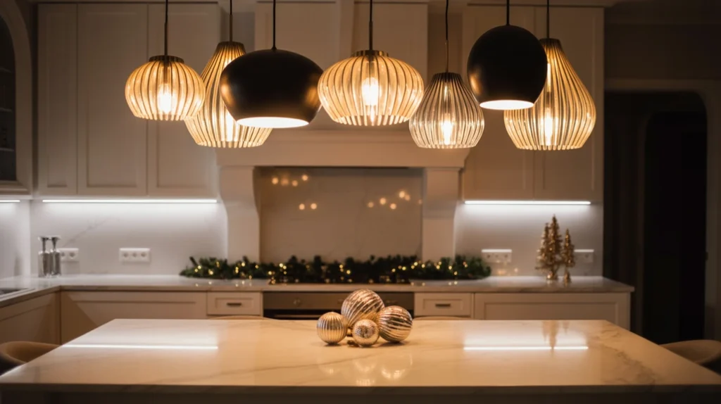 Modern Christmas kitchen with decorative pendant lighting and cozy festive glow