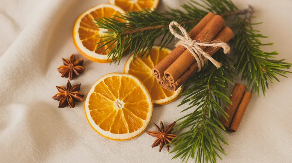 Dried oranges, cinnamon sticks, and pinecones adding natural Christmas scent to a cozy apartment.