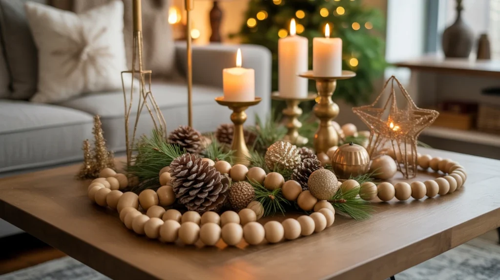 “blend of natural and metallic Christmas coffee table decorations for elegant holiday style”
