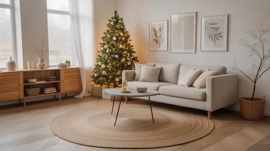 “Scandinavian minimalist living room with jute rug, wooden flooring, and subtle Christmas details for natural warmth.”