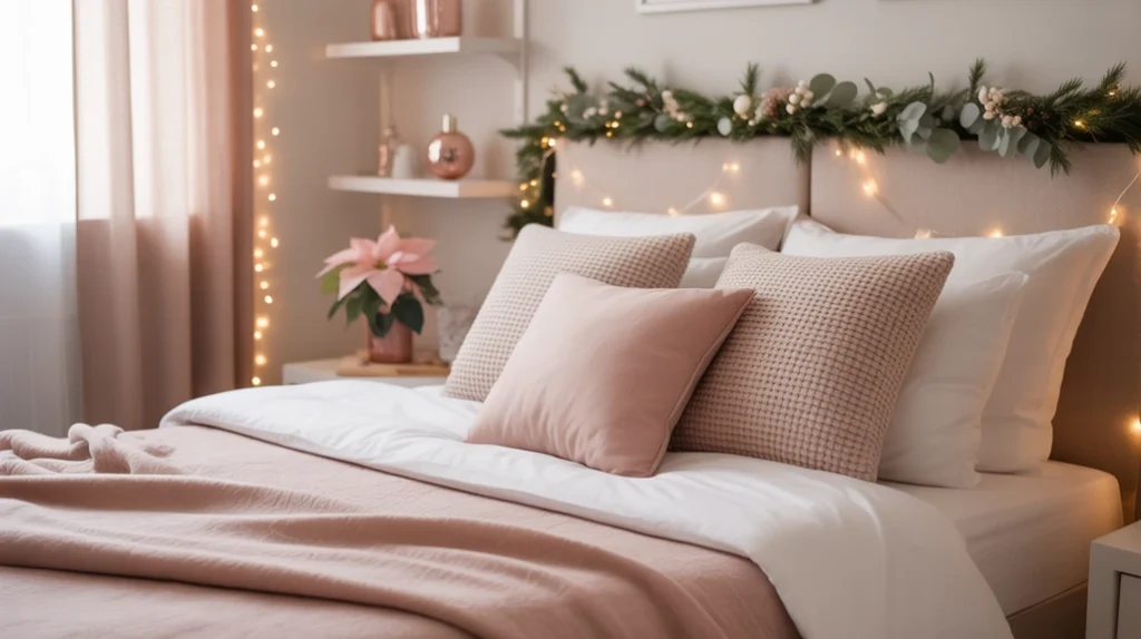 beige and pink Christmas bedroom with neutral bedding and soft lighting for balanced feminine holiday look