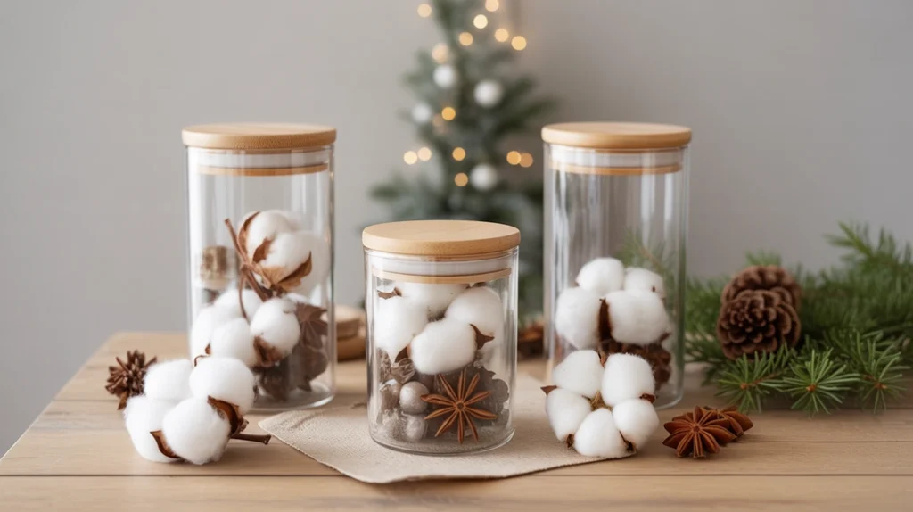 clear jars with wooden lids holding cotton balls and seasonal potpourri