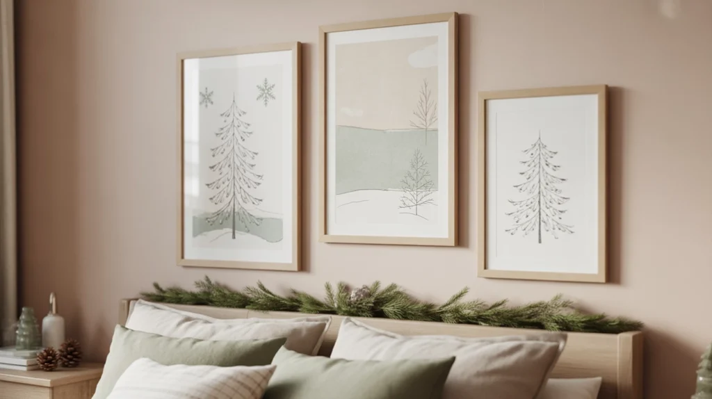 minimal holiday wall art in wooden frames enhancing beige neutral bedroom style