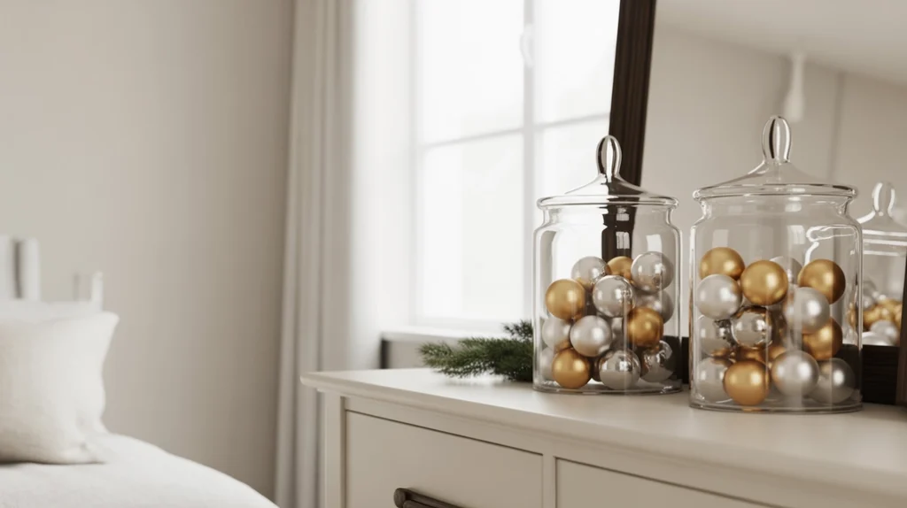 glass jars filled with ornaments displayed on dresser as simple christmas bedroom decor