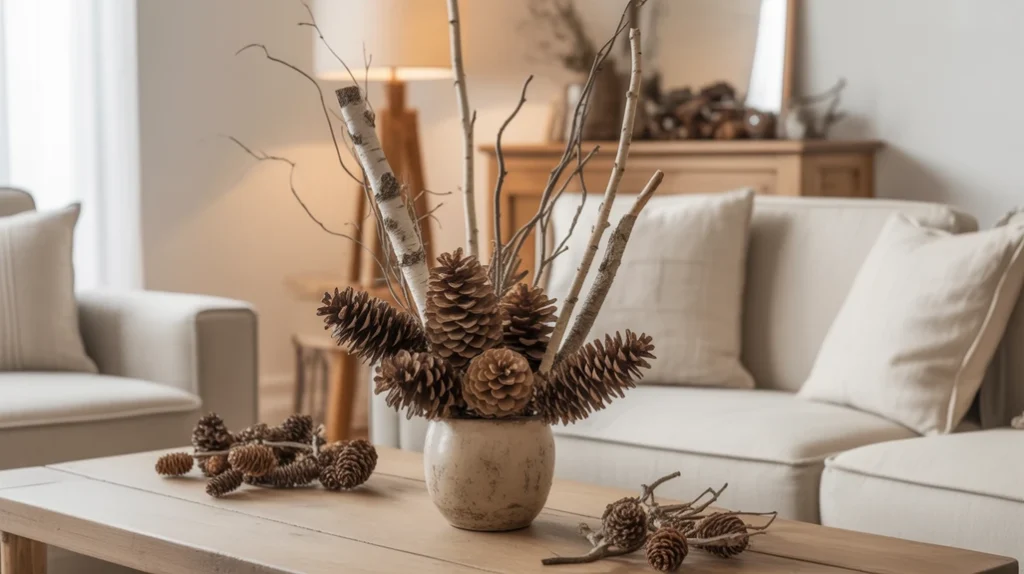 Natural pinecones and birch branches bringing organic charm to Christmas decor
