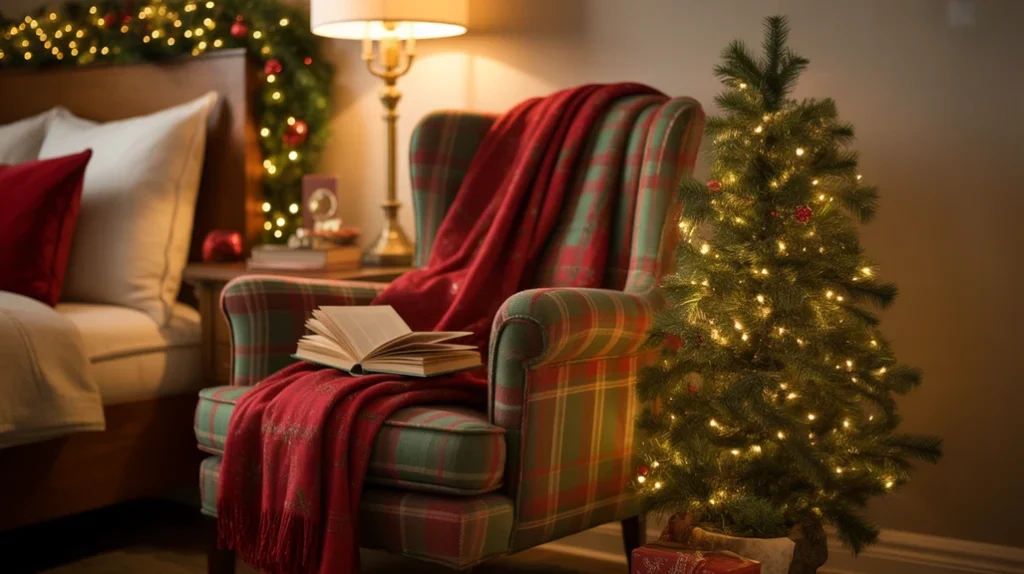 Plaid armchair with throw blanket creating a cozy reading nook in a festive bedroom