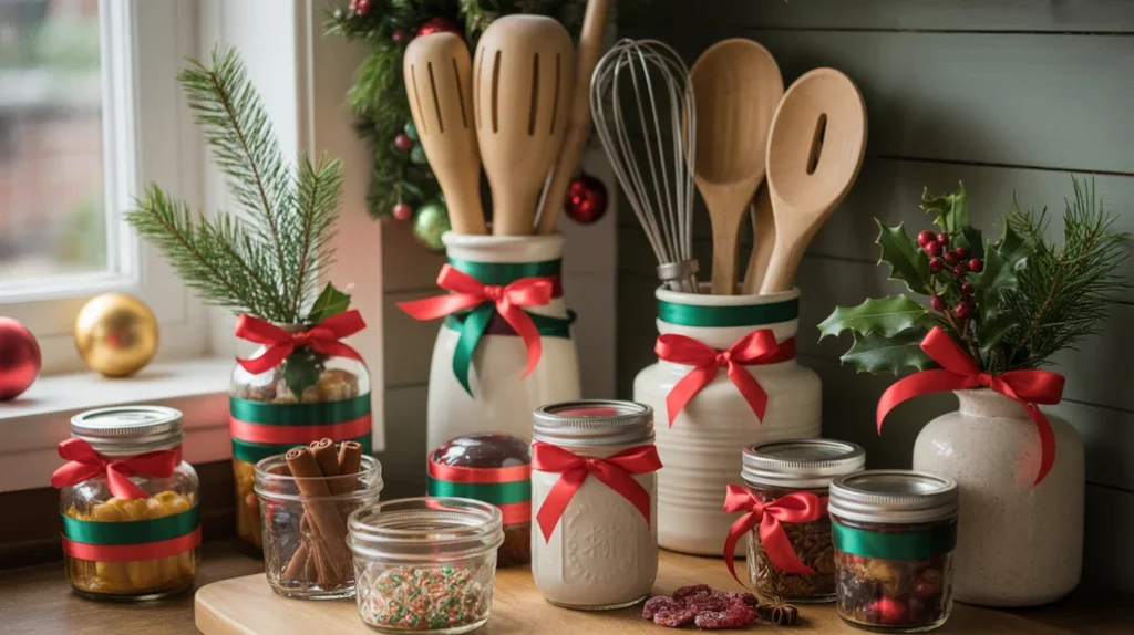 Everyday kitchen accessories tied with red and green ribbons for simple and coordinated Christmas decor.
