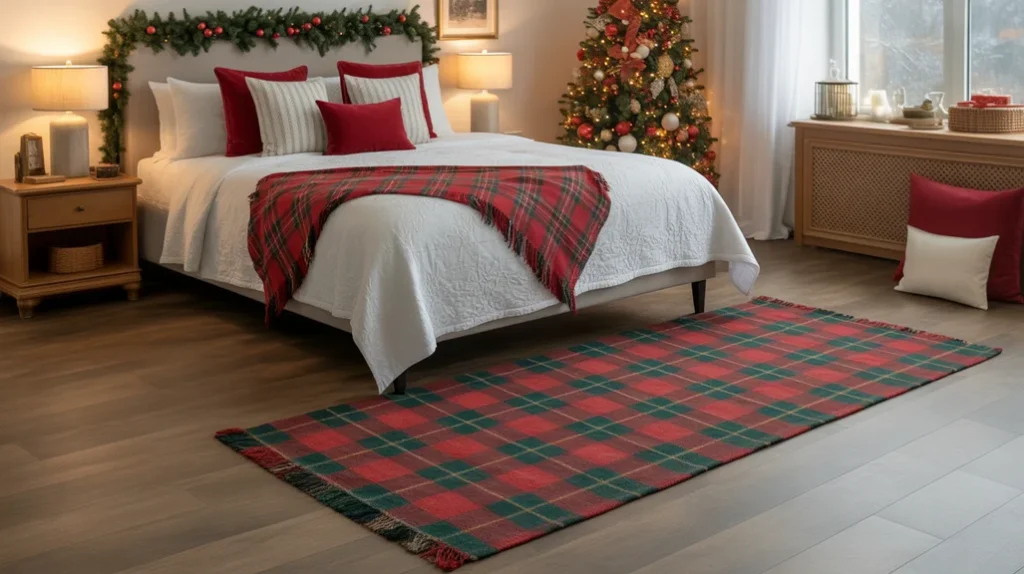 Red and green throw rug styling for cozy Christmas bedroom floors