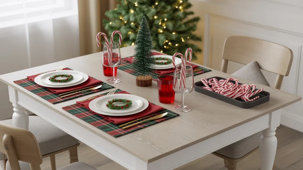 Festive holiday table with red napkins, white plates, and plaid placemats styled for Christmas gatherings.