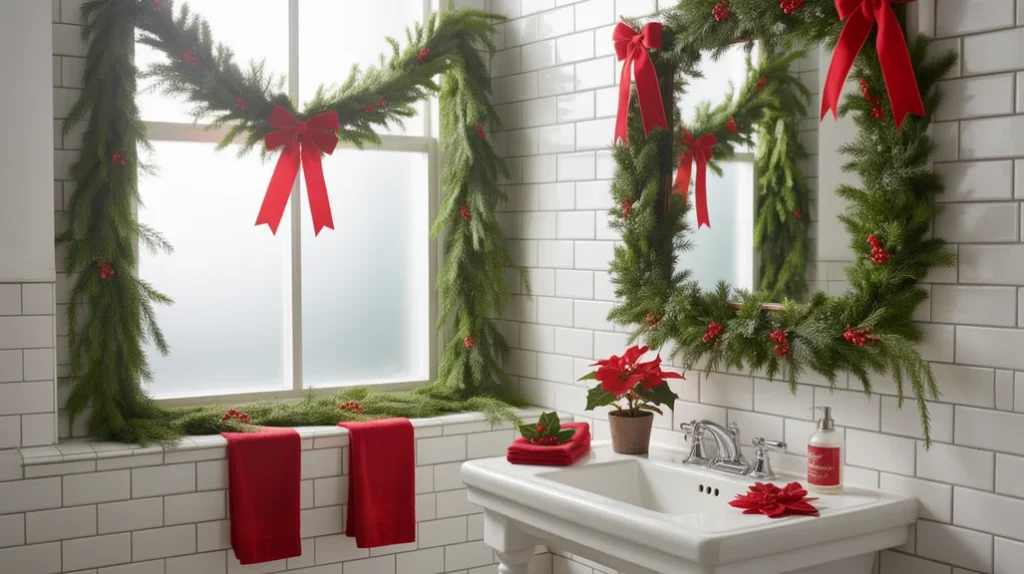 red and green christmas color palette used in bathroom decor for a simple traditional holiday style