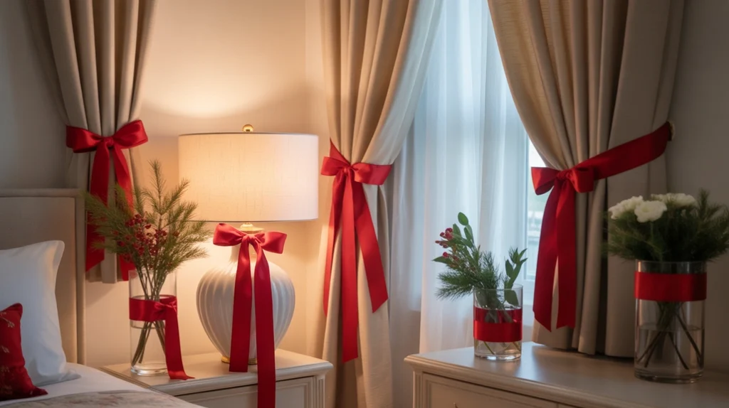 christmas bedroom styled with red ribbon accents on lamps and vases for subtle festive detail