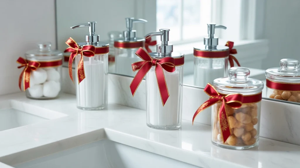 “bathroom jars decorated with thin festive ribbons for a simple christmas touch”