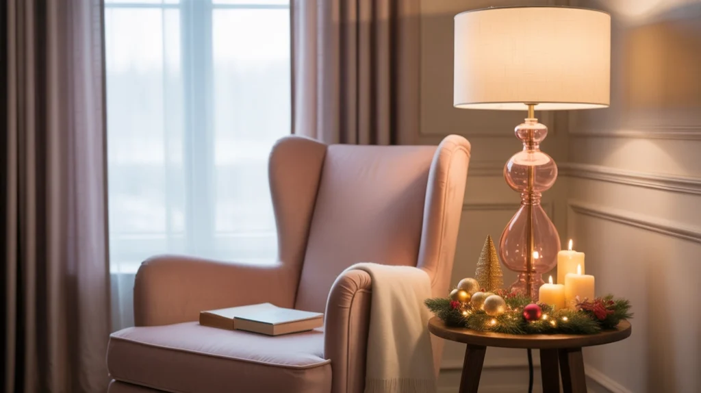 Cozy reading nook with blush chair, rose gold floor lamp, and small holiday decorations for Christmas comfort.