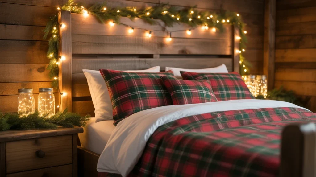 Rustic farmhouse Christmas bedroom with plaid bedding, wood textures, and holiday lights