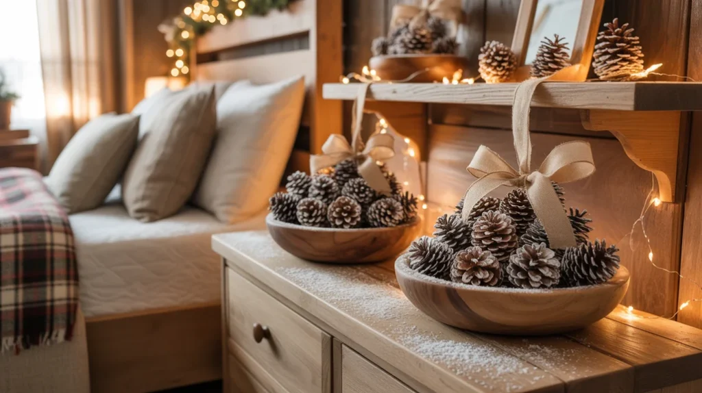 Plaid fabrics and red cushions creating classic Christmas bedroom style