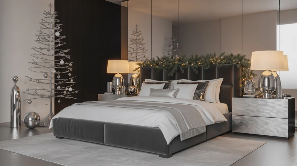 : silver and black holiday bedroom with metallic accents for bold, chic modern Christmas decor