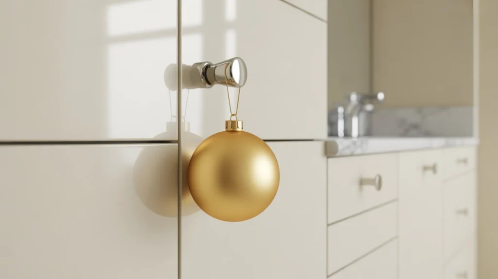 single matte ornament hanging on cabinet knob for subtle modern holiday touch