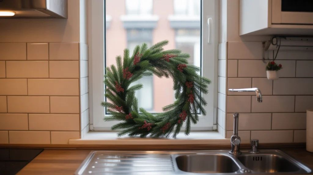 Sink area styled with mini wreath, holiday soap bottle, and small greenery for Christmas