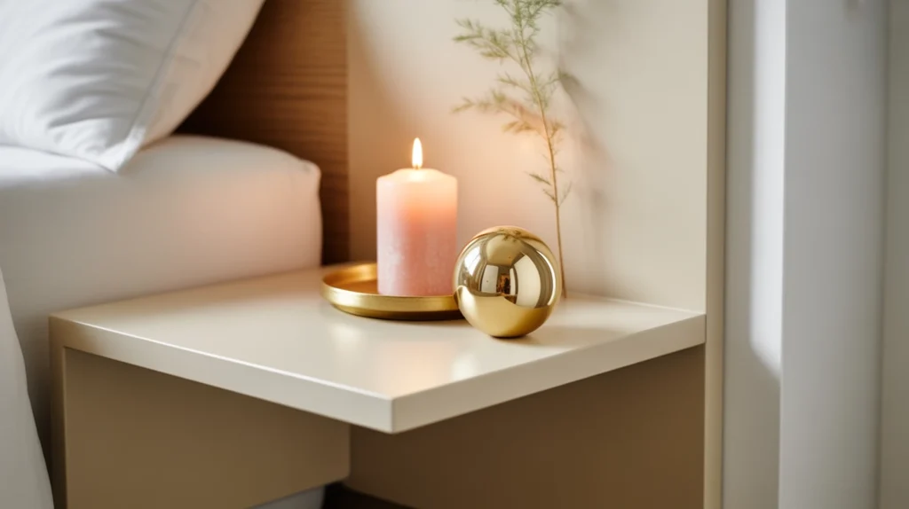 Space-saving nightstand with candle and ornament in minimalist holiday bedroom