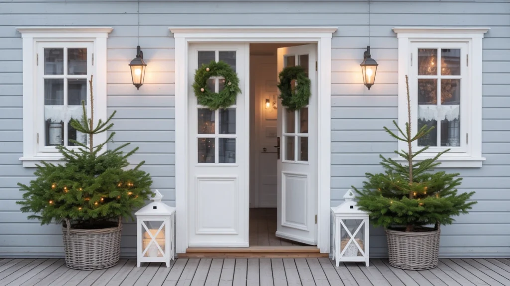 “Symmetrical Scandinavian entryway decor with matching holiday accents for a balanced Nordic look”