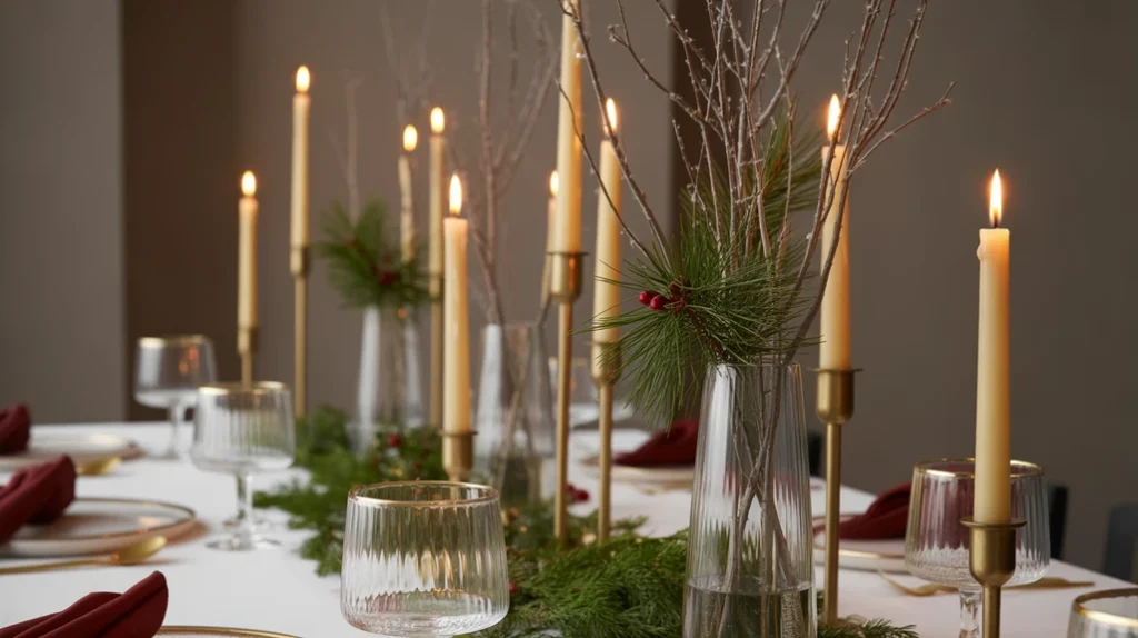 Tall candleholders and winter branches used as a Christmas table centerpiece