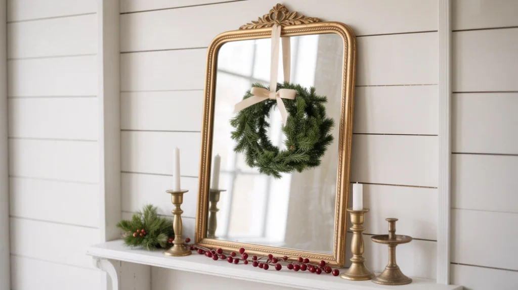 vintage mirror decorated with small wreath and ribbon for old-fashioned christmas style