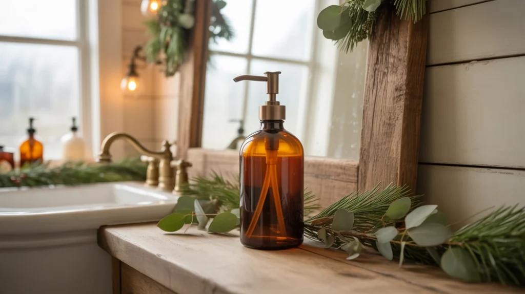 vintage soap dispenser with greenery adding charming farmhouse holiday detail