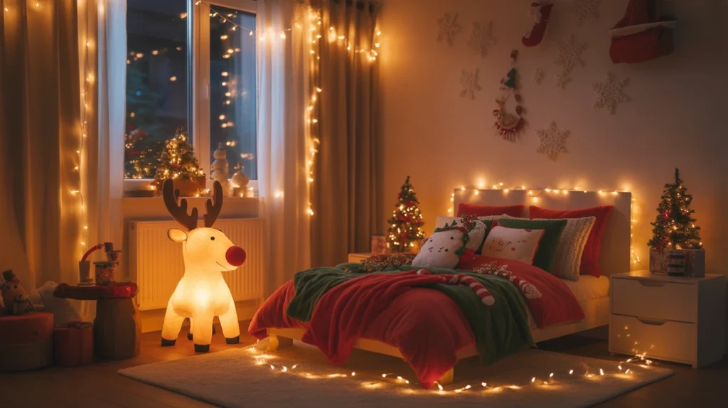 warm LED lighting creating a cozy glow in kids Christmas bedroom
